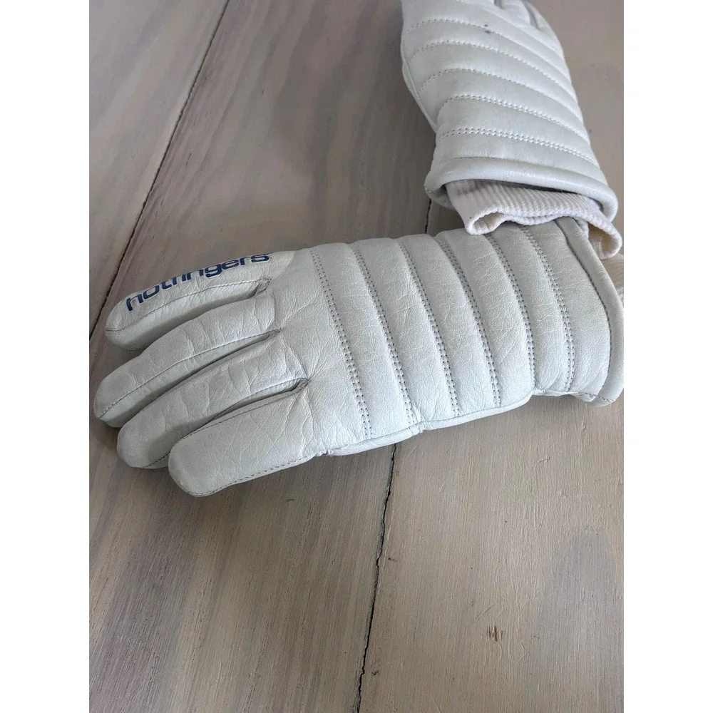 Hotfingers Vintage White Leather Quilted Ski Gloves Winter Snow Ribbed Cuff S
